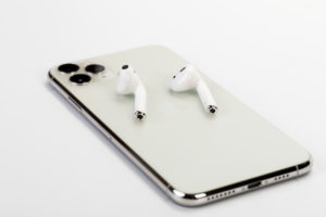 Apple iPhone 11 Pro Max, back, three-camera system, AirPods 2, white background, Apple iPhone 11 Pro Max, back, three-camera system, AirPods 2, white background,